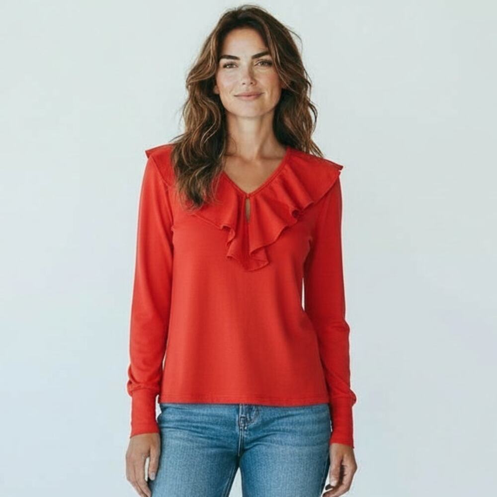 Vintage Women's Large JW Jeans Wear Red Ruffle Top Blouse Long Ruffle Sleeve